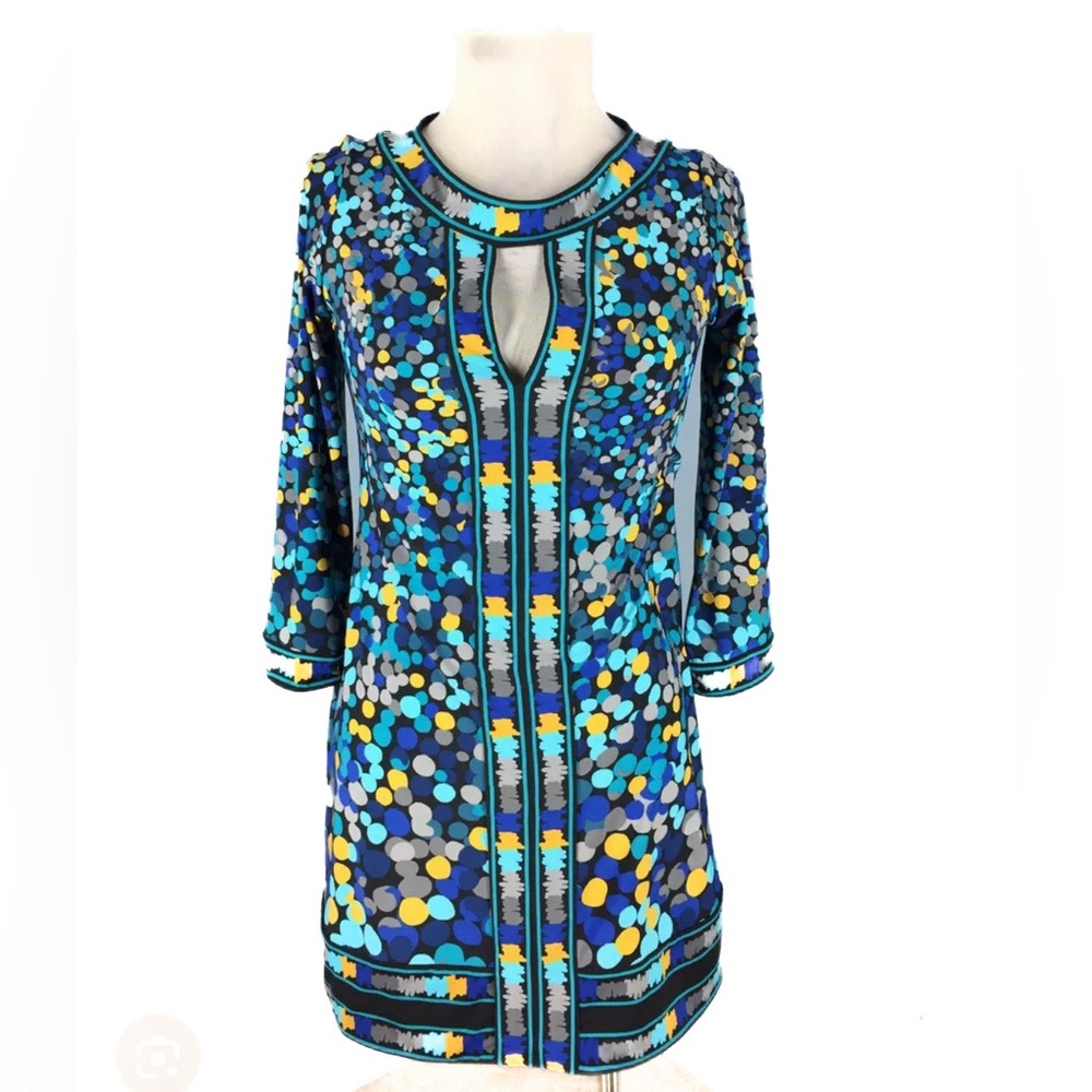 BCBG Max Azria Blue Dot Shift Dress Size Small 3/4 Sleeve Knew Length Black